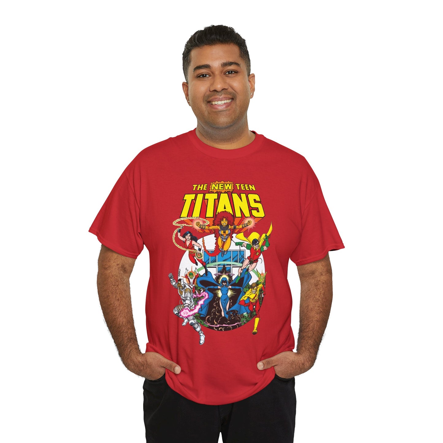 New Teen Titans T-Shirt - Classic George Perez Art - Cyborg, Raven, Starfire, Robin, Wonder Girl, Changeling, Kid Flash - Titans Tower - Popular DC Comics 1980s Series