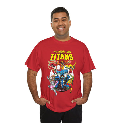 New Teen Titans T-Shirt - Classic George Perez Art - Cyborg, Raven, Starfire, Robin, Wonder Girl, Changeling, Kid Flash - Titans Tower - Popular DC Comics 1980s Series