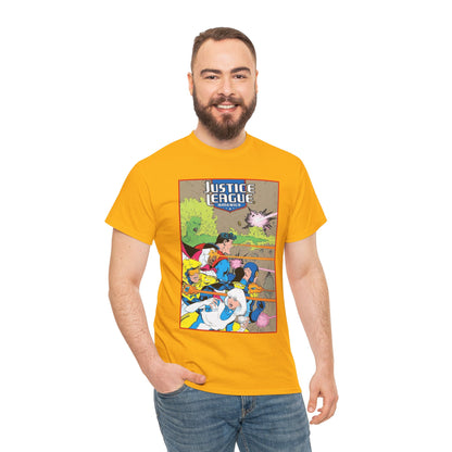 Justice League of America T-Shirt - Dan Jurgens Art - Superman, Fire, Ice, Blue Beetle, Booster Gold, Bloodwynde - DC Comics