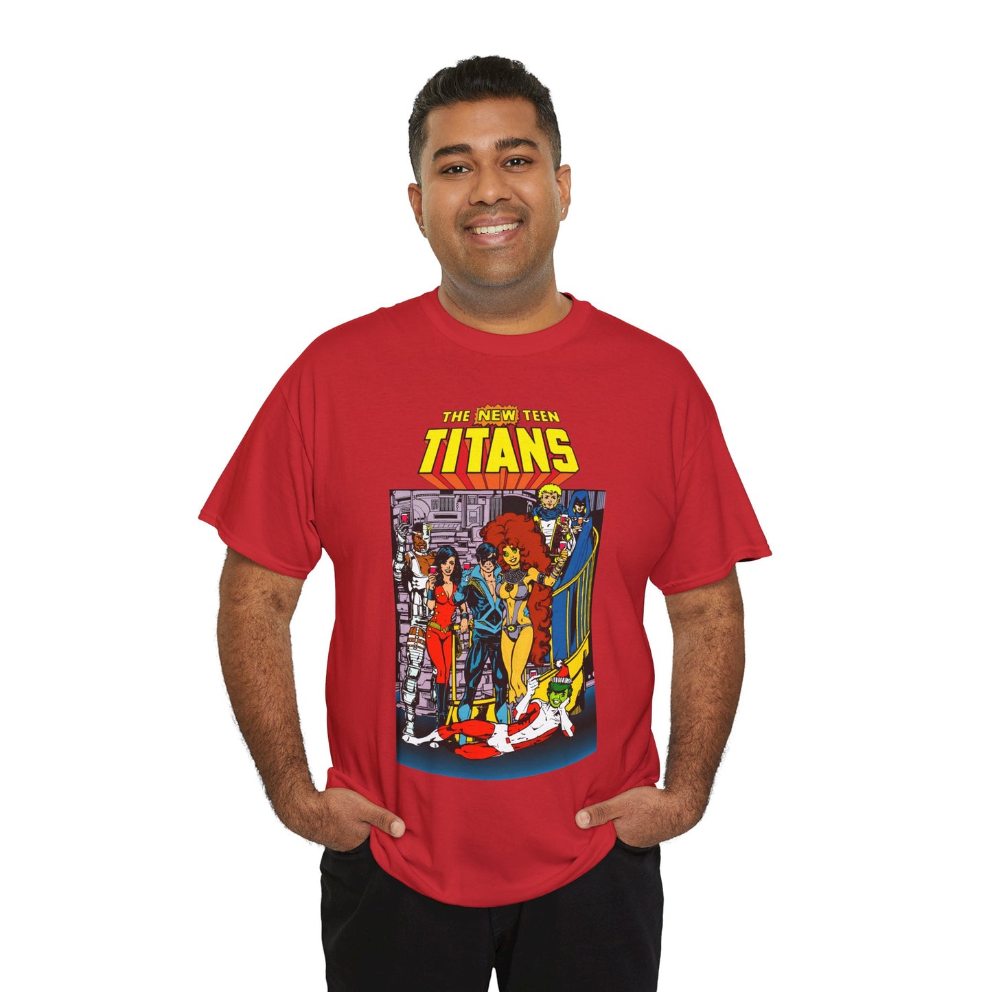 New Teen Titans T-Shirt - George Perez Art - Nightwing, Cyborg, Raven, Starfire, Wonder Girl, Changeling, Jericho - Titans Tower - DC Comics