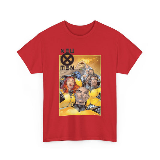 Red t-shirt with 'New X-Men' graphic design on a white background