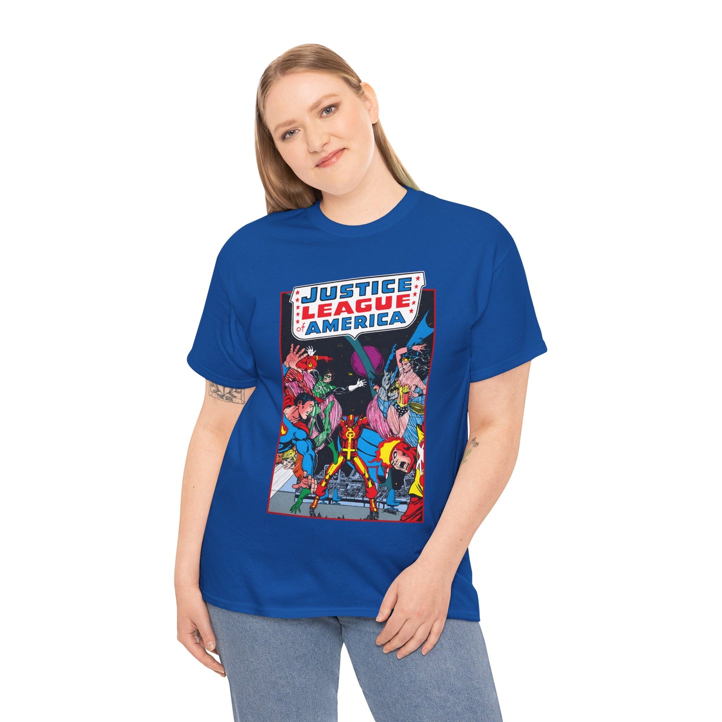 Justice League of America T-Shirt - George Perez Art - 1980s Satellite Era - Superman, Wonder Woman, Firestorm, Green Lantern, Batman - DC Comics