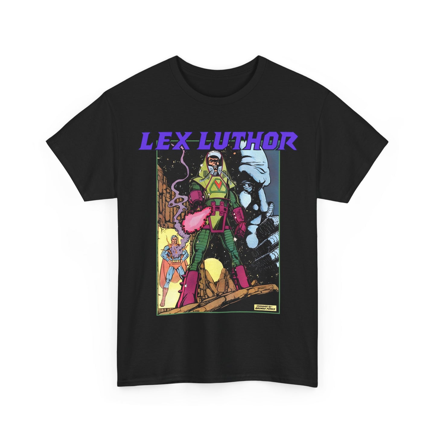 Lex Luthor T-Shirt - George Perez Art - 1980s DC Comics - Action Comics Armor - Inspiration for Super Powers Figure - Superman Enemy