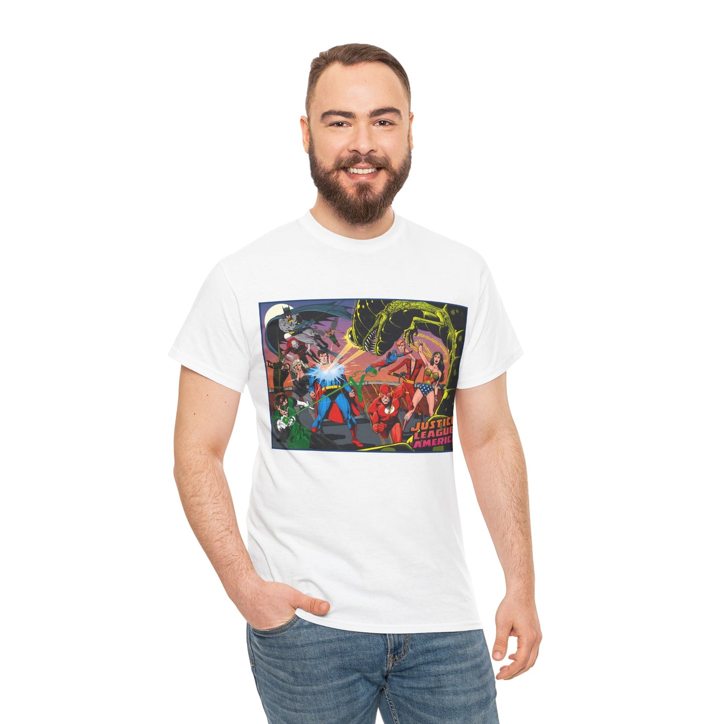 Justice League of America T-Shirt - Brian Bolland Art - Superman, Green Lantern, Wonder Woman, Batman, Flash, Elongated Man, Black Canary, Green Arrow, Atom - DC Comics