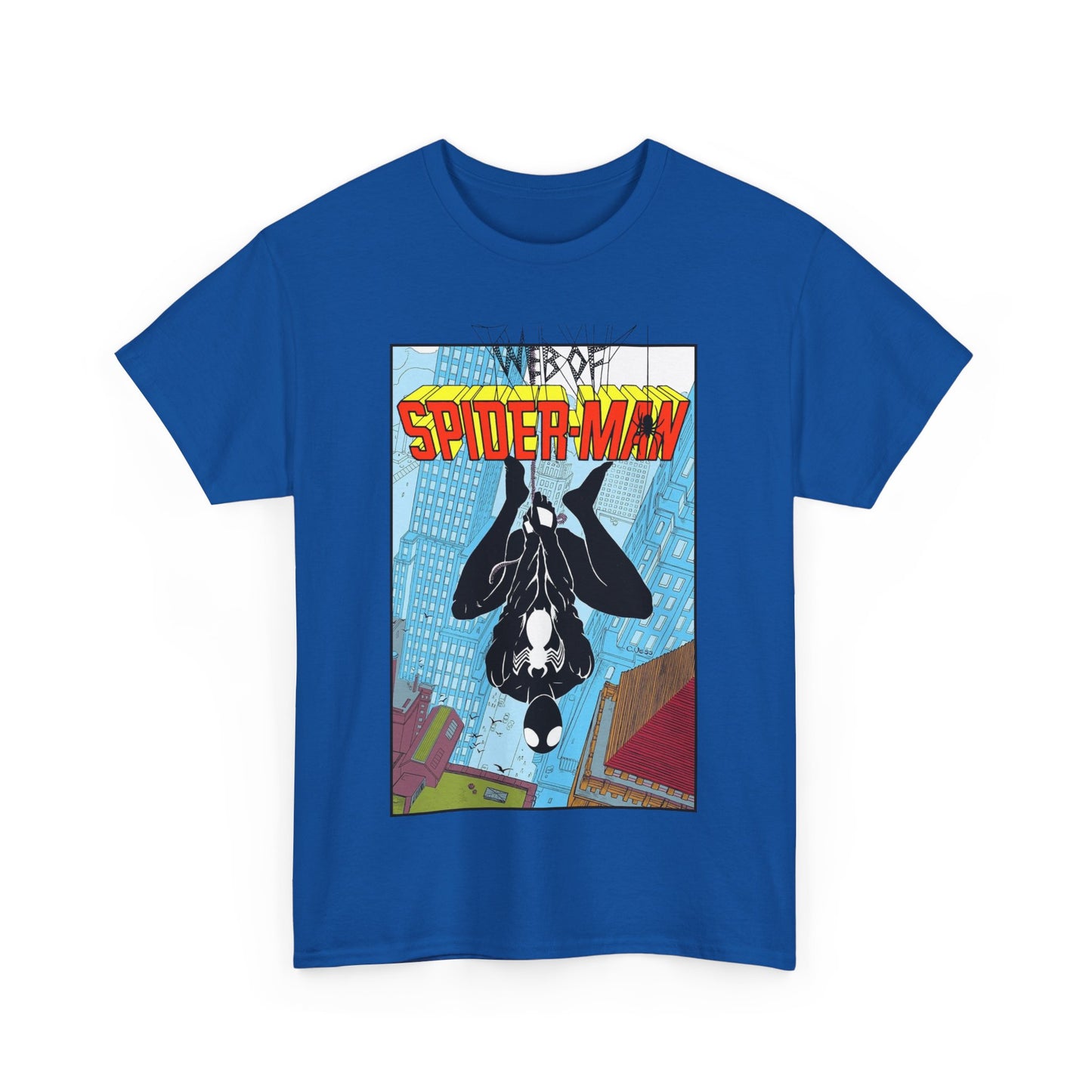 Web of Spider-Man T-Shirt - Charles Vess Art - Peter Parker, Web Slinger - Manhattan Skyline - Spidey Black Suit - Marvel Comics