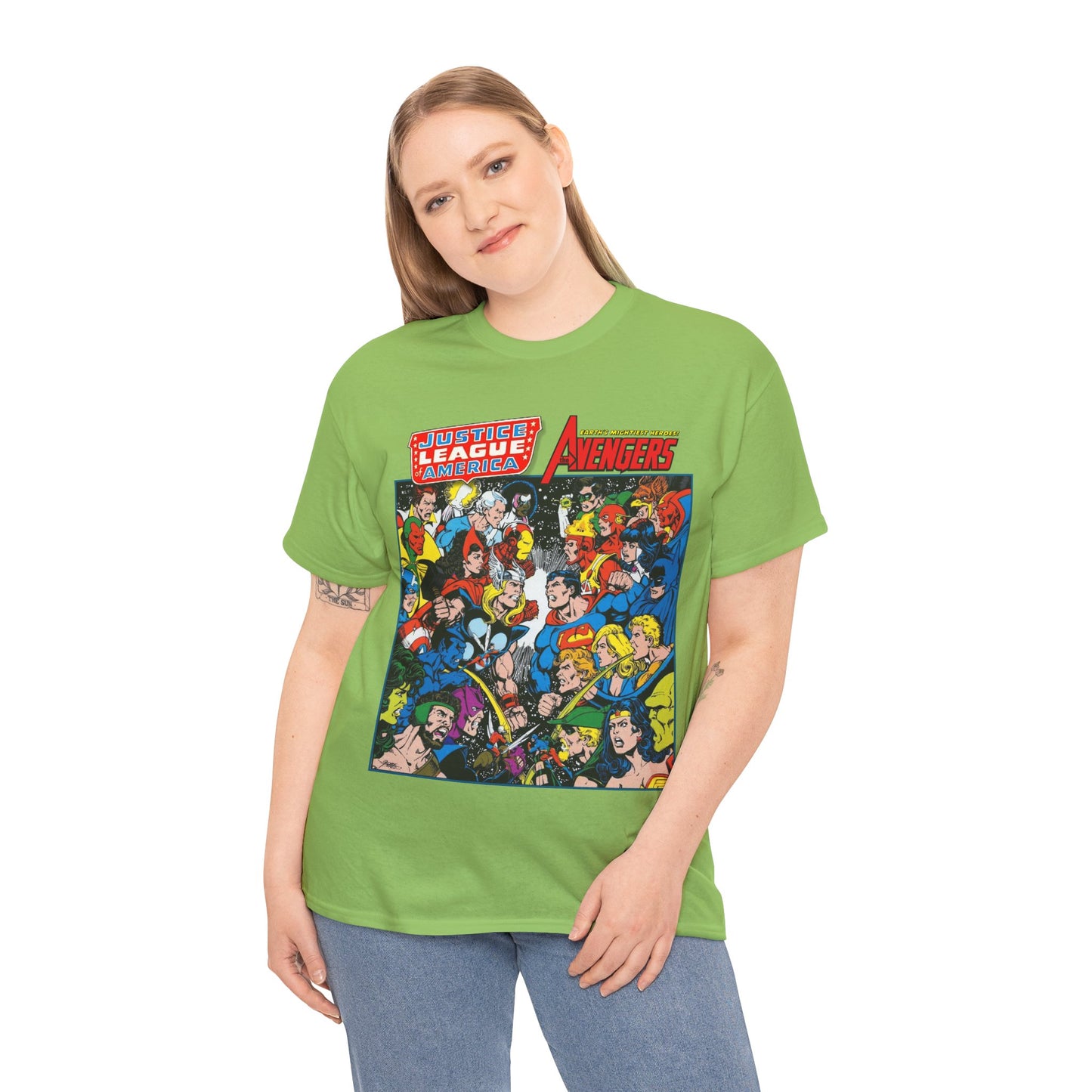 Justice League/Avengers T-Shirt - DC & Marvel Comics Art - George Perez - JLA - Batman, Captain America, Iron Man, Green Lantern