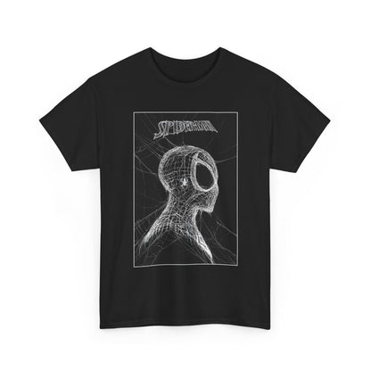 Black t-shirt with white Spider-Man graphic design on a white background