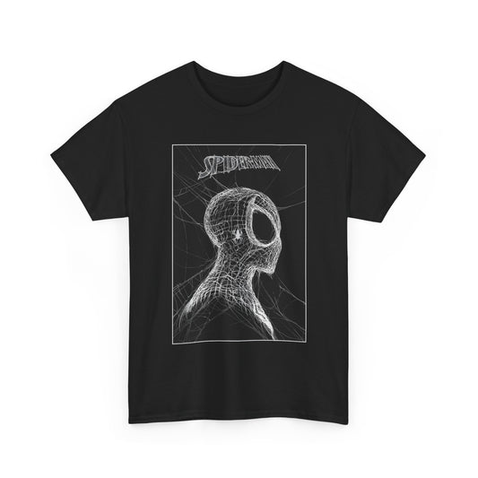 Black t-shirt with white Spider-Man graphic design on a white background