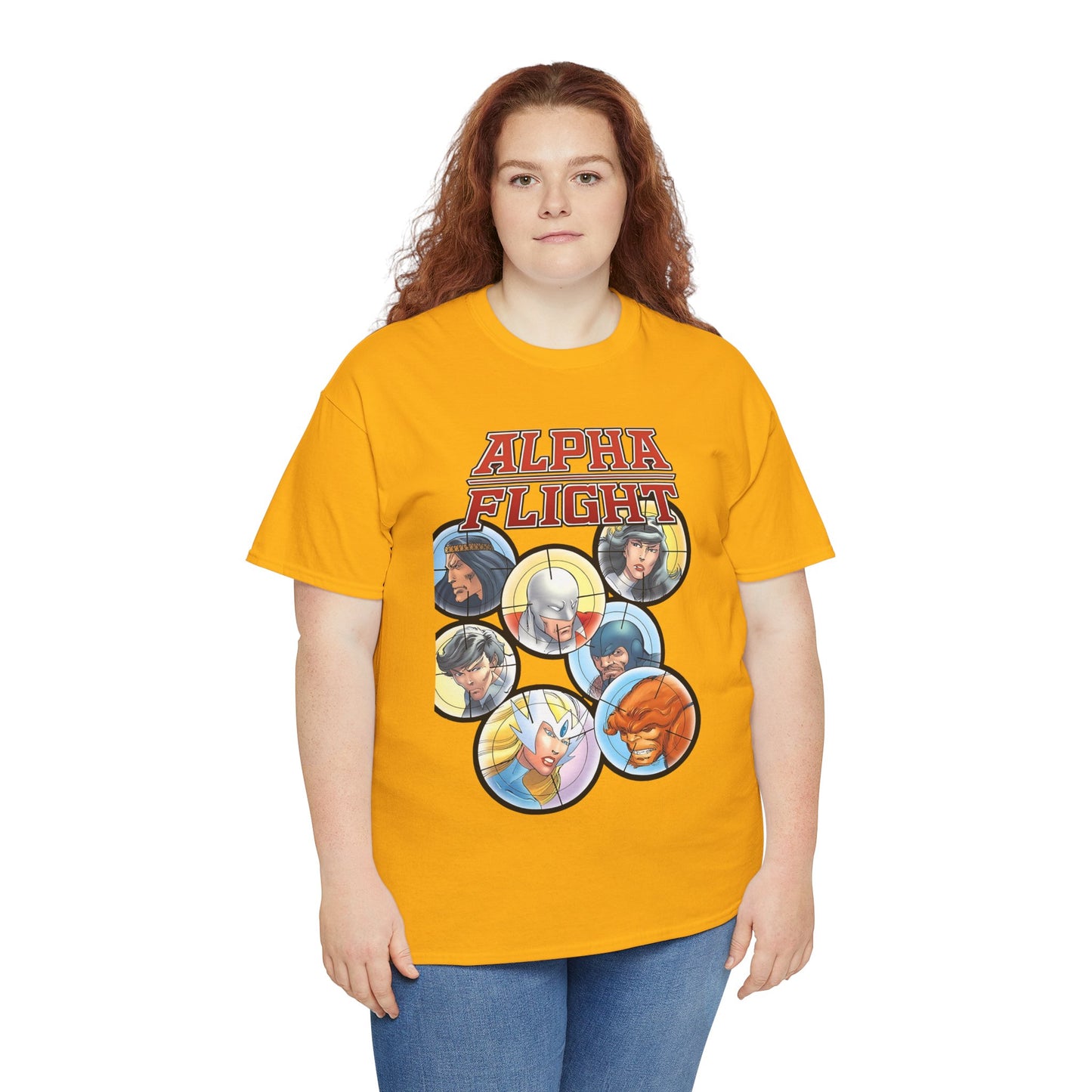 Alpha Flight T-Shirt - John Byrne Art - Guardian, Aurora, Northstar, Sasquatch, Shaman, Puck, Snowbird - Canada's Super Heroes - Marvel Comics