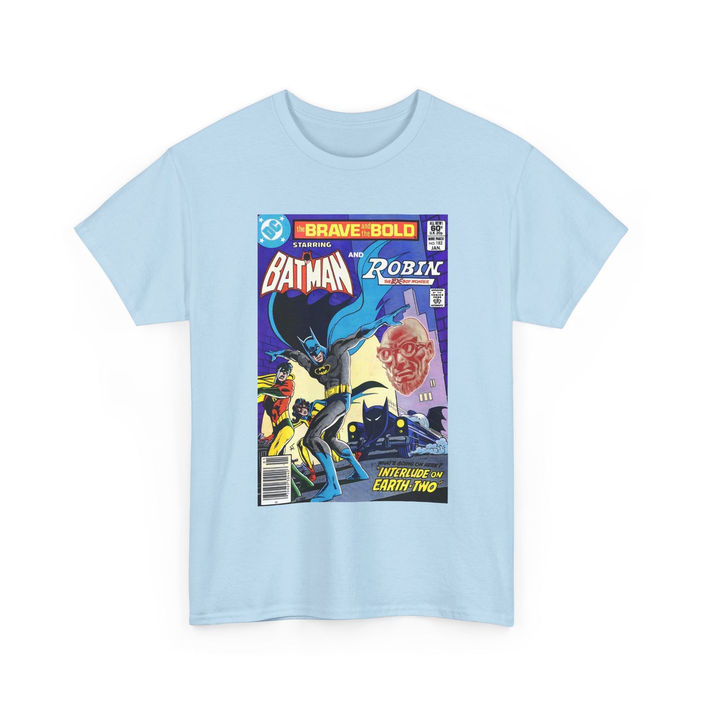 Light blue t-shirt with a comic book graphic of Batman and Robin on a white background
