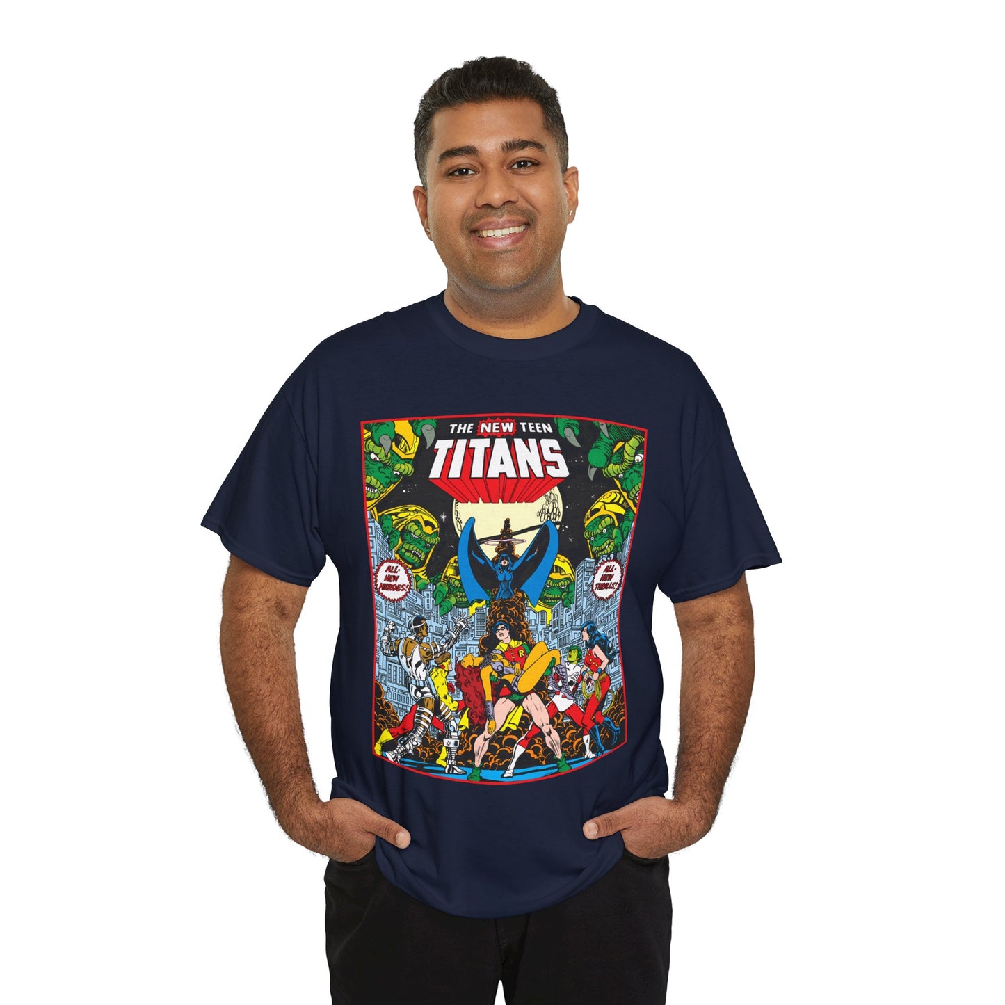 New Teen Titans T-Shirt - George Perez Art - #1 Splash Page - Robin, Starfire, Wonder Girl, Cyborg, Raven, Changeling, Kid Flash - DC Comics