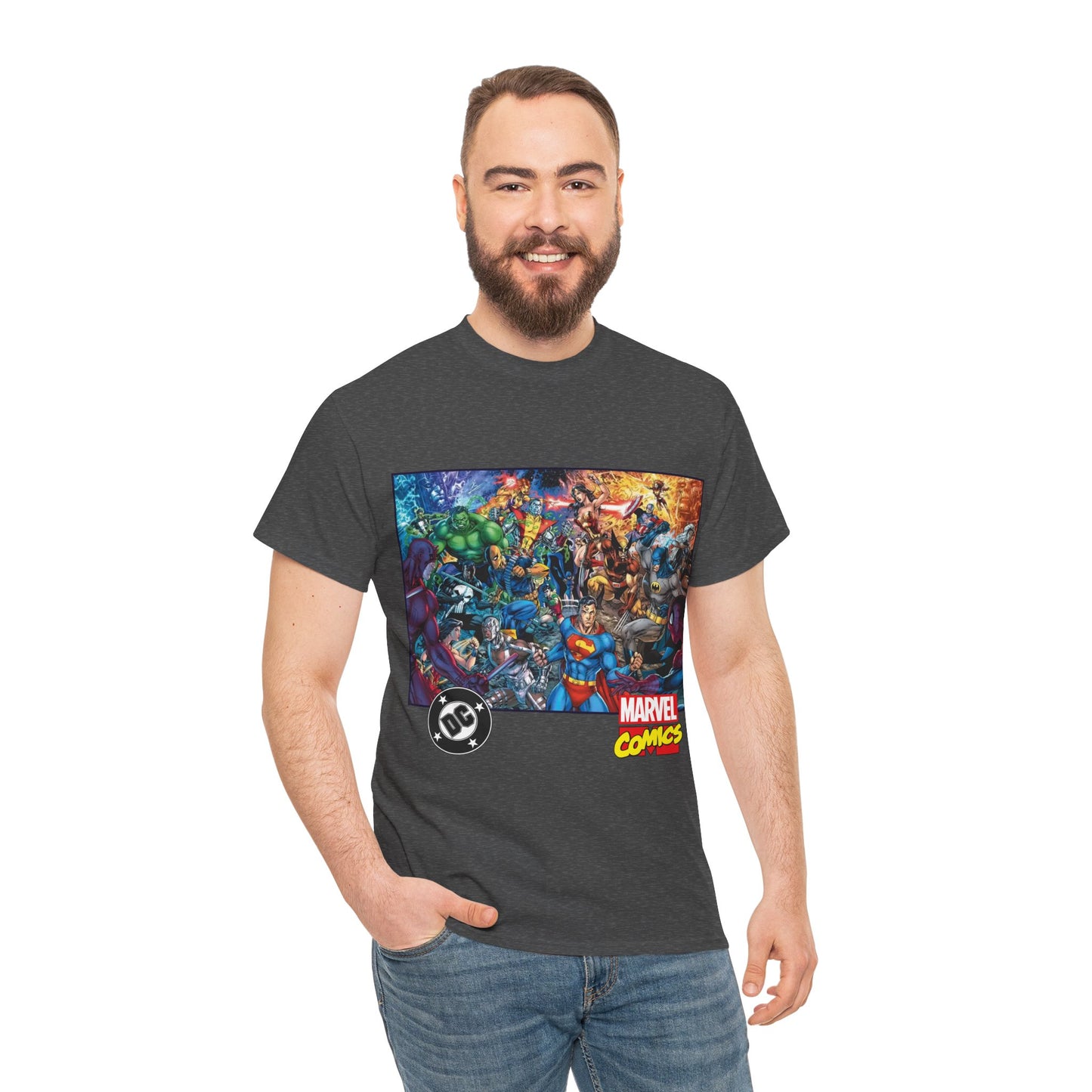 DC Vs Marvel T-Shirt - Jim Lee Art - Batman, Superman, Spider-Man, Wolverine, Wonder Woman, Daredevil, Hulk, Captain America, Deathstroke, Storm, Colossus - DC Comics, Marvel Comics Crossover