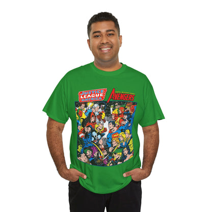 Justice League/Avengers T-Shirt - DC & Marvel Comics Art - George Perez - JLA - Batman, Captain America, Iron Man, Green Lantern