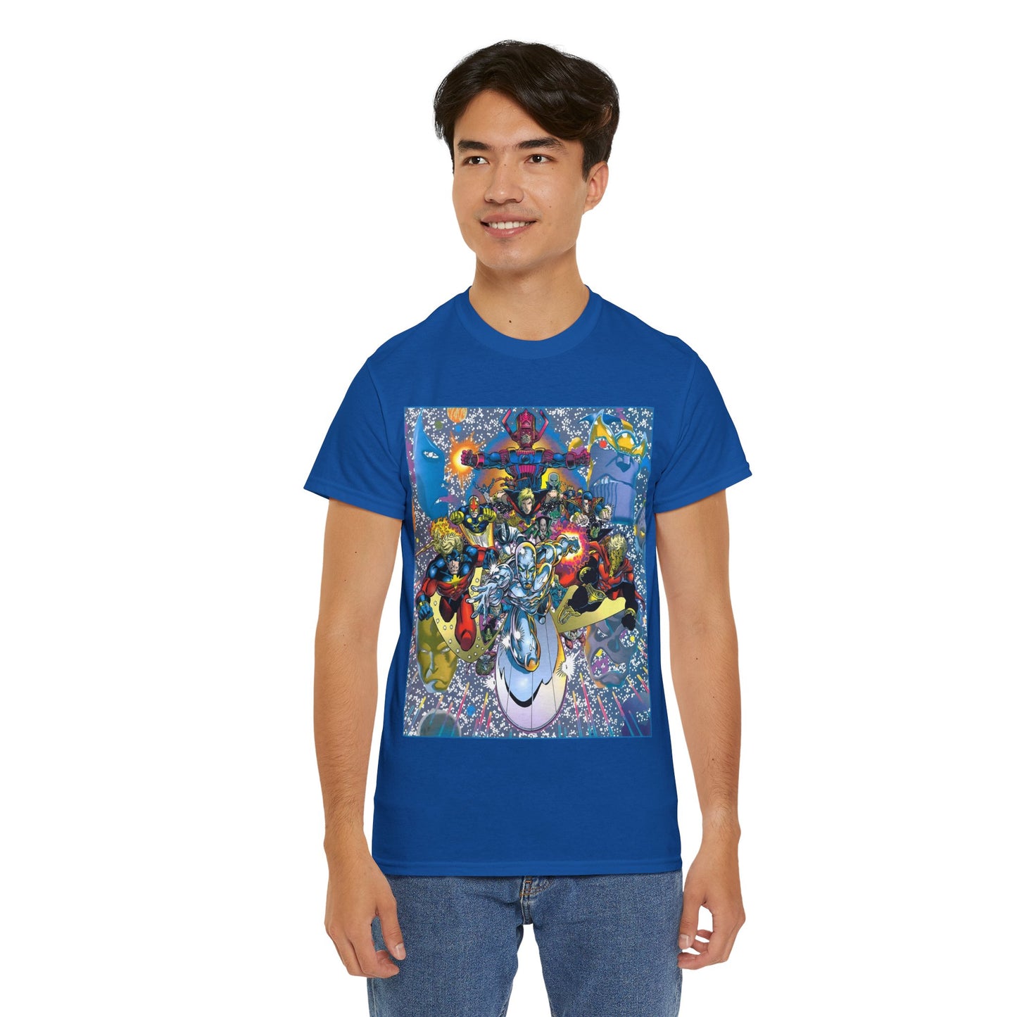Marvel Cosmic Heroes T-Shirt - Silver Surfer, Captain Marvel, Adam Warlock, Quasar, Nova, Galactus, Jack of Hearts, Moondragon, Thanos