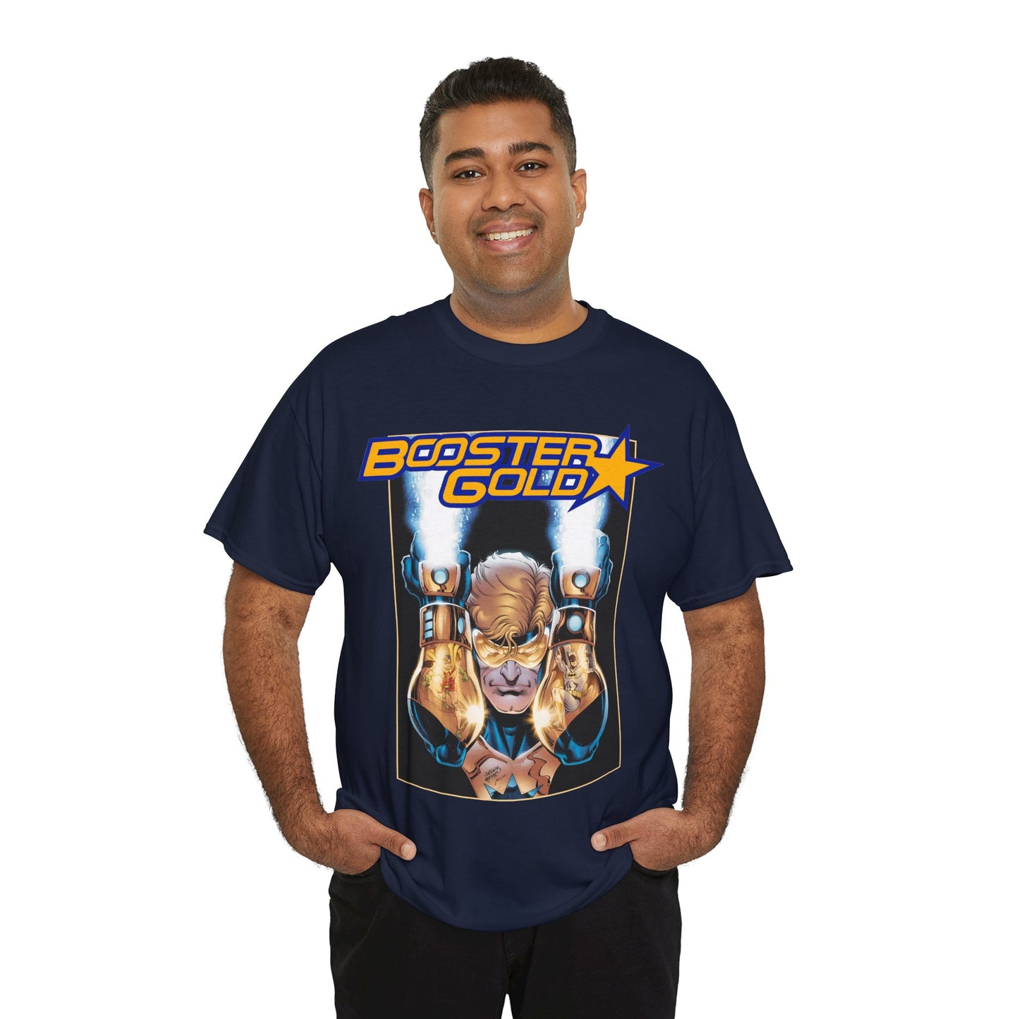 Booster Gold T-Shirt - Dan Jurgens Art - Batman & Robin in His Gauntlets - DC Comics