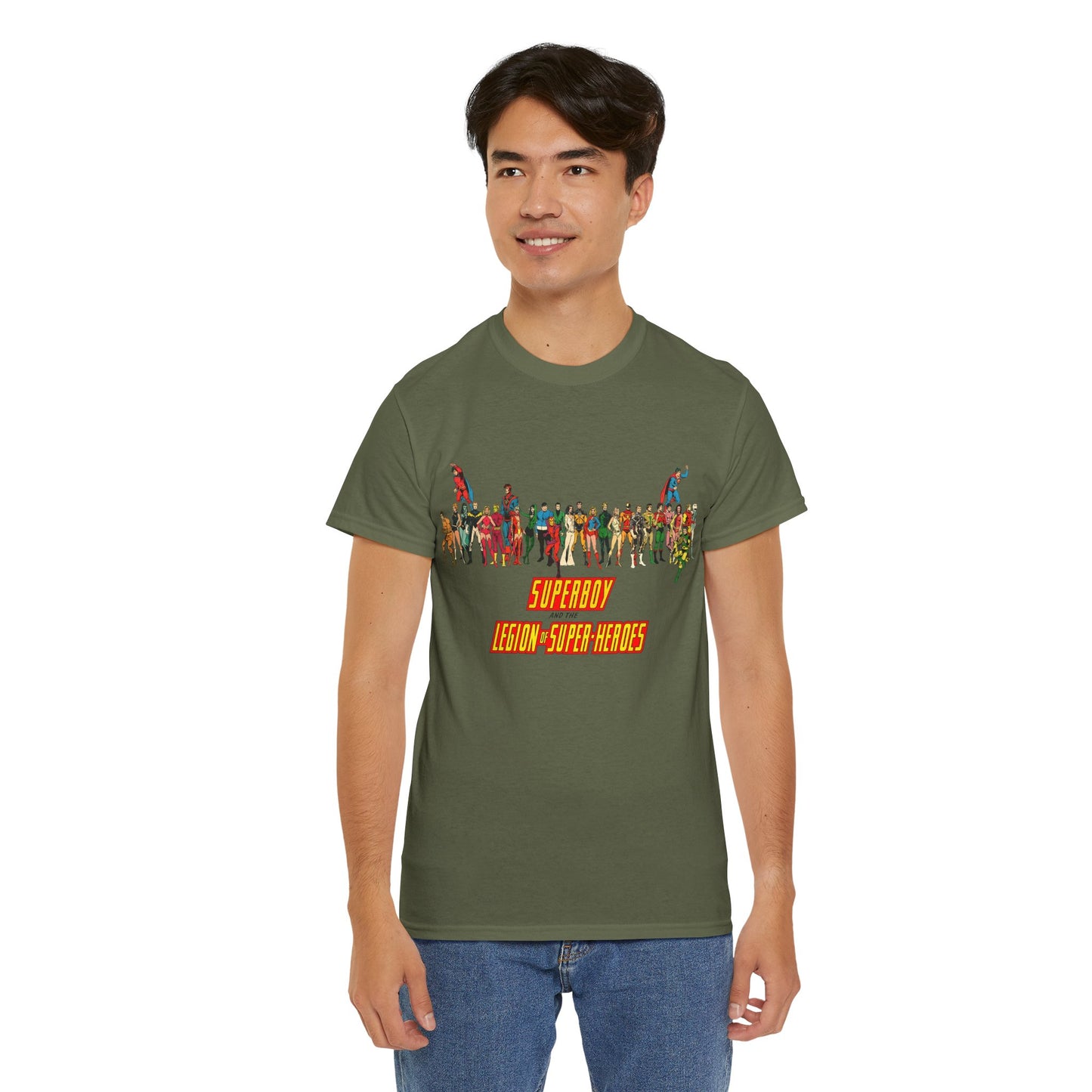 Superboy & Legion of Super-Heroes T-Shirt - 1970s DC Comics Art - Saturn Girl, Lightning Lad, Brainiac 5, Supergirl, Dawnstar, Mon-El, Bouncing Boy, Wildfire - LOSH