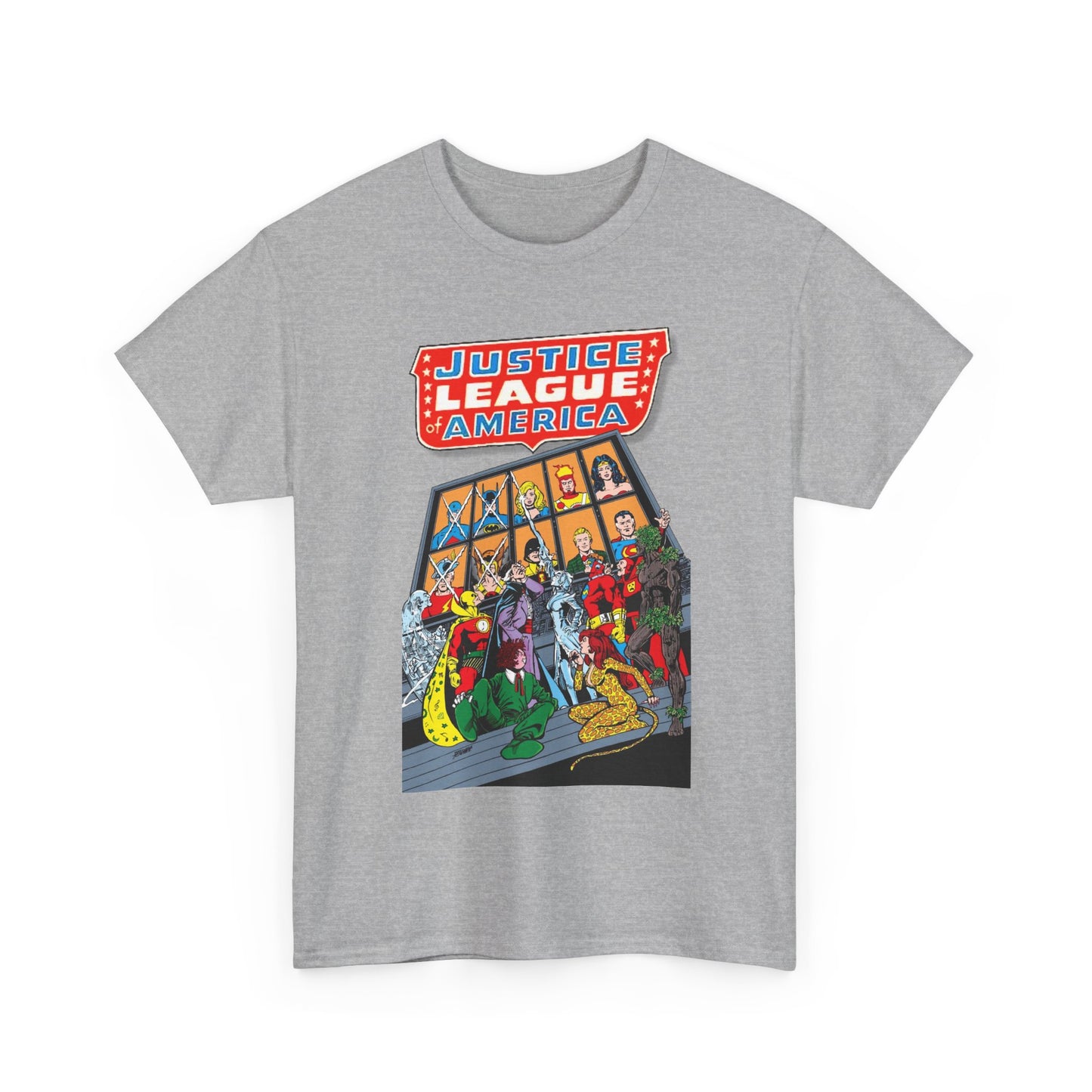 Gray t-shirt with Justice League America graphic on a white background. It features Atom, Batman, Black Canary, Firestorm, Wonder Woman, and Superman.