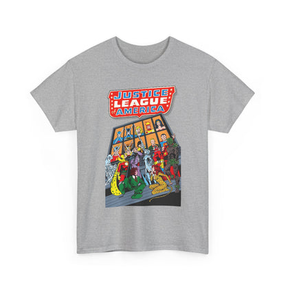 Gray t-shirt with Justice League America graphic on a white background. It features Atom, Batman, Black Canary, Firestorm, Wonder Woman, and Superman.