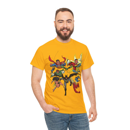 DC Legends T-Shirt - John Byrne Art - Superman, Wonder Woman, Guy Gardner, Flash, Blue Beetle, Shazam, Dr Fate, Changeling - DC Comics