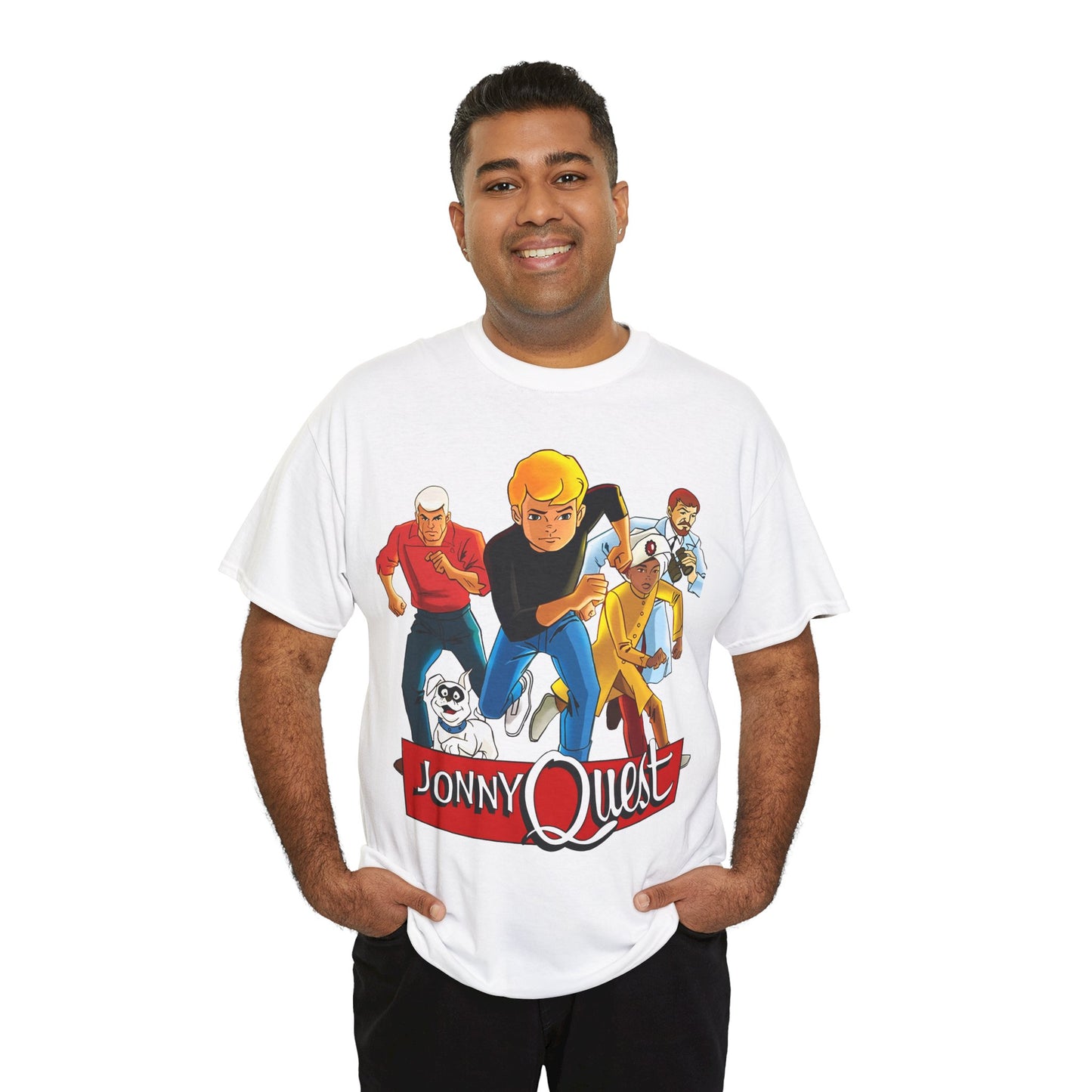 Jonny Quest T-Shirt - Popular Hanna-Barbera Cartoon Characters from the 1960s Adventure TV Show - Dr Benton, Hadji, Race Bannon, Bandit the Dog
