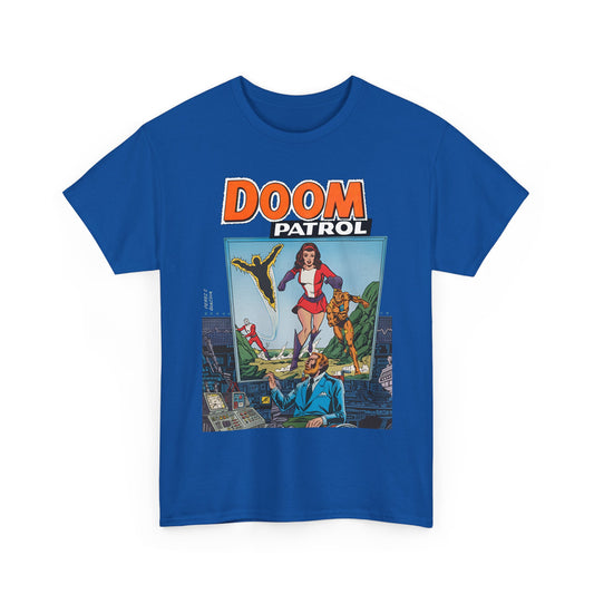 Blue t-shirt with 'Doom Patrol' graphic design on a white background