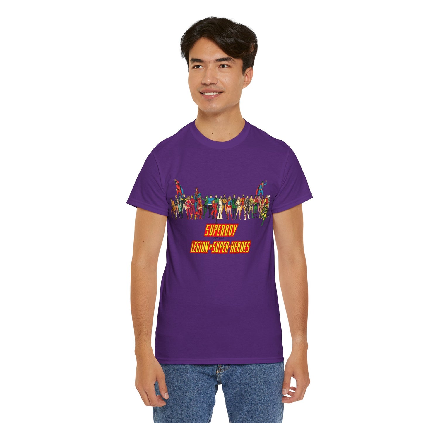 Superboy & Legion of Super-Heroes T-Shirt - 1970s DC Comics Art - Saturn Girl, Lightning Lad, Brainiac 5, Supergirl, Dawnstar, Mon-El, Bouncing Boy, Wildfire - LOSH