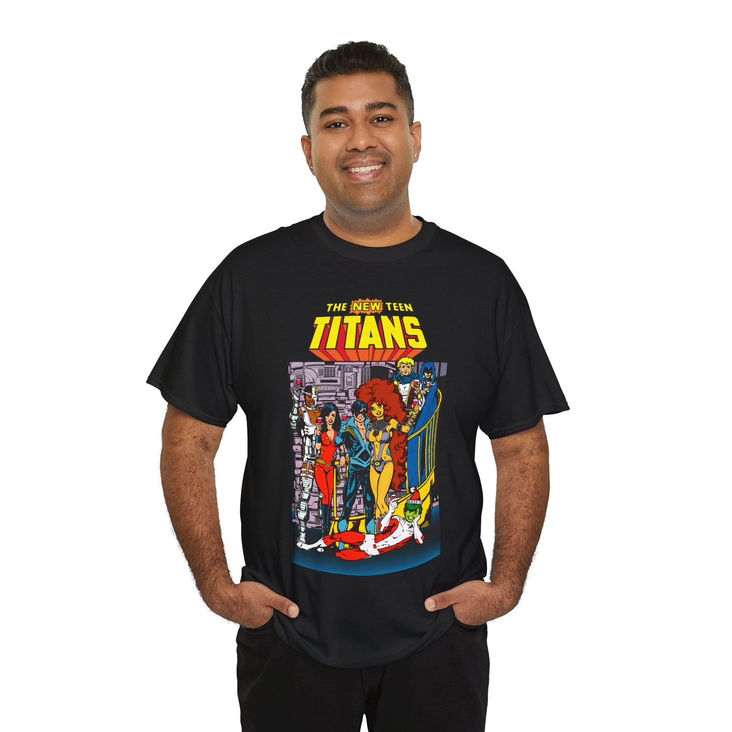 New Teen Titans T-Shirt - George Perez Art - Nightwing, Cyborg, Raven, Starfire, Wonder Girl, Changeling, Jericho - Titans Tower - DC Comics