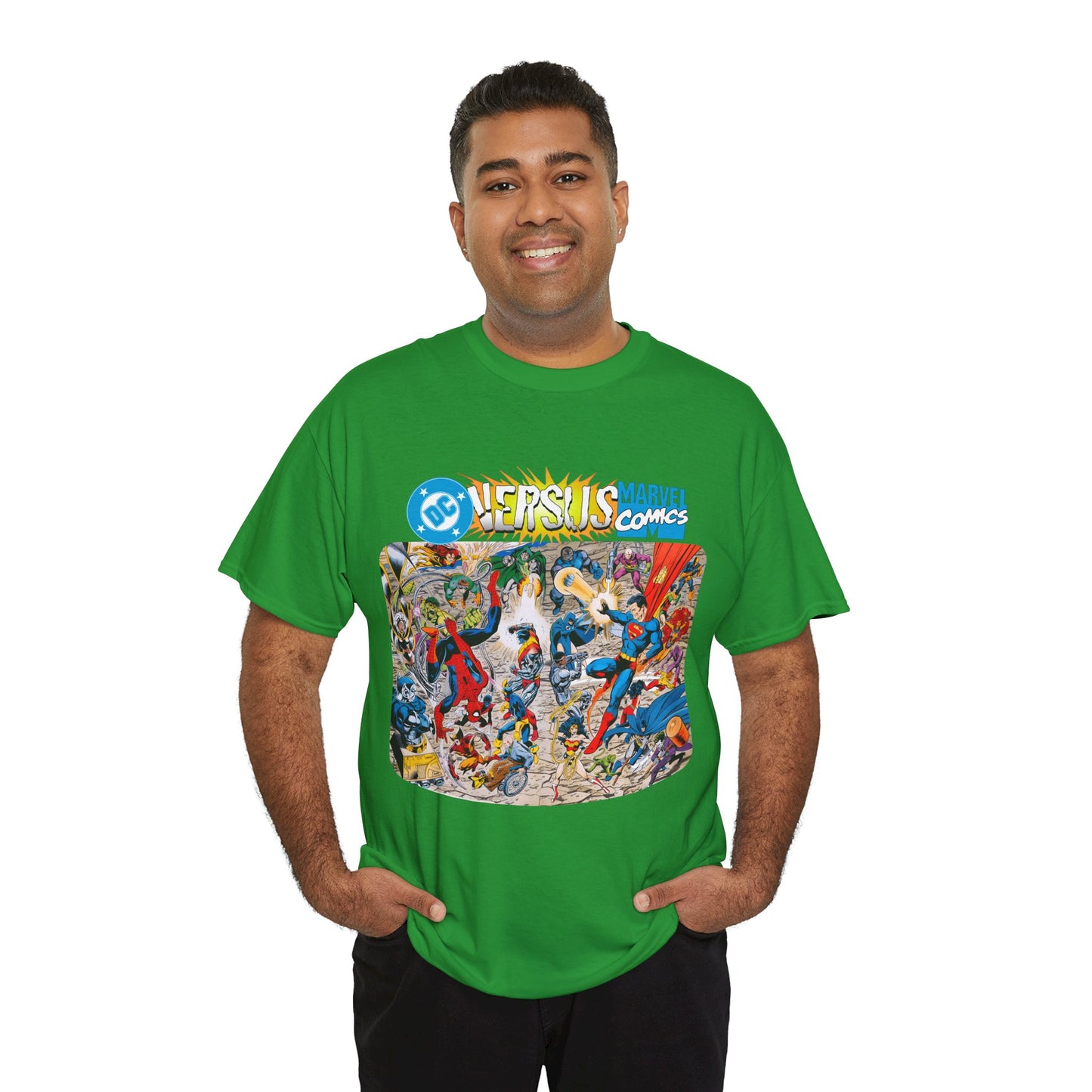 DC Comics Vs Marvel T-Shirt - John Byrne Art - Spider-Man, Raven, Cyborg, Wolverine, Joker, Superman, Batman, Deathstroke, Darkseid