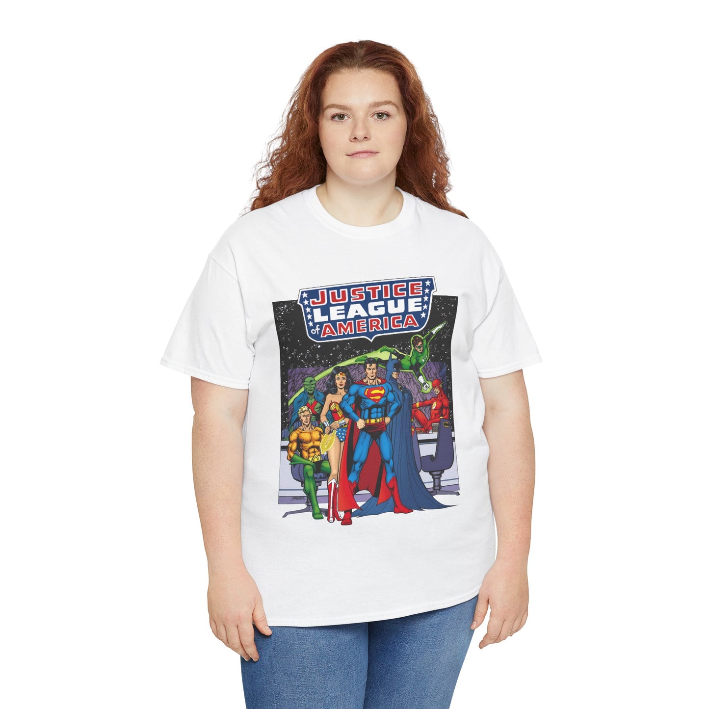 Justice League T-Shirt - George Perez Art - JLA Satellite Era - Superman, Wonder Woman, Green Lantern, Batman, Flash, Aquaman, Martian Manhunter - DC Comics