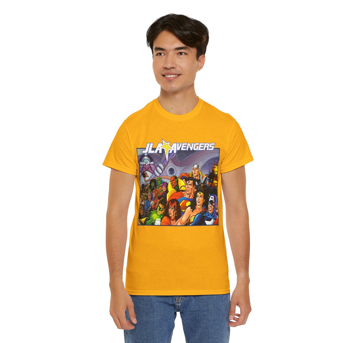 JLA/Avengers T-Shirt - George Perez Art - Wonder Woman, Scarlet Witch, Batman, Thor, Iron Man, Superman - DC Comics, Marvel Comics