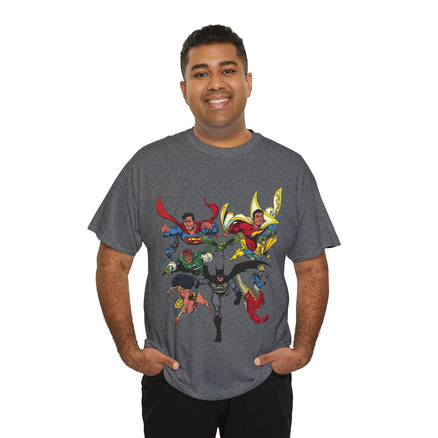DC Legends T-Shirt - John Byrne Art - Superman, Wonder Woman, Guy Gardner, Flash, Blue Beetle, Shazam, Dr Fate, Changeling - DC Comics