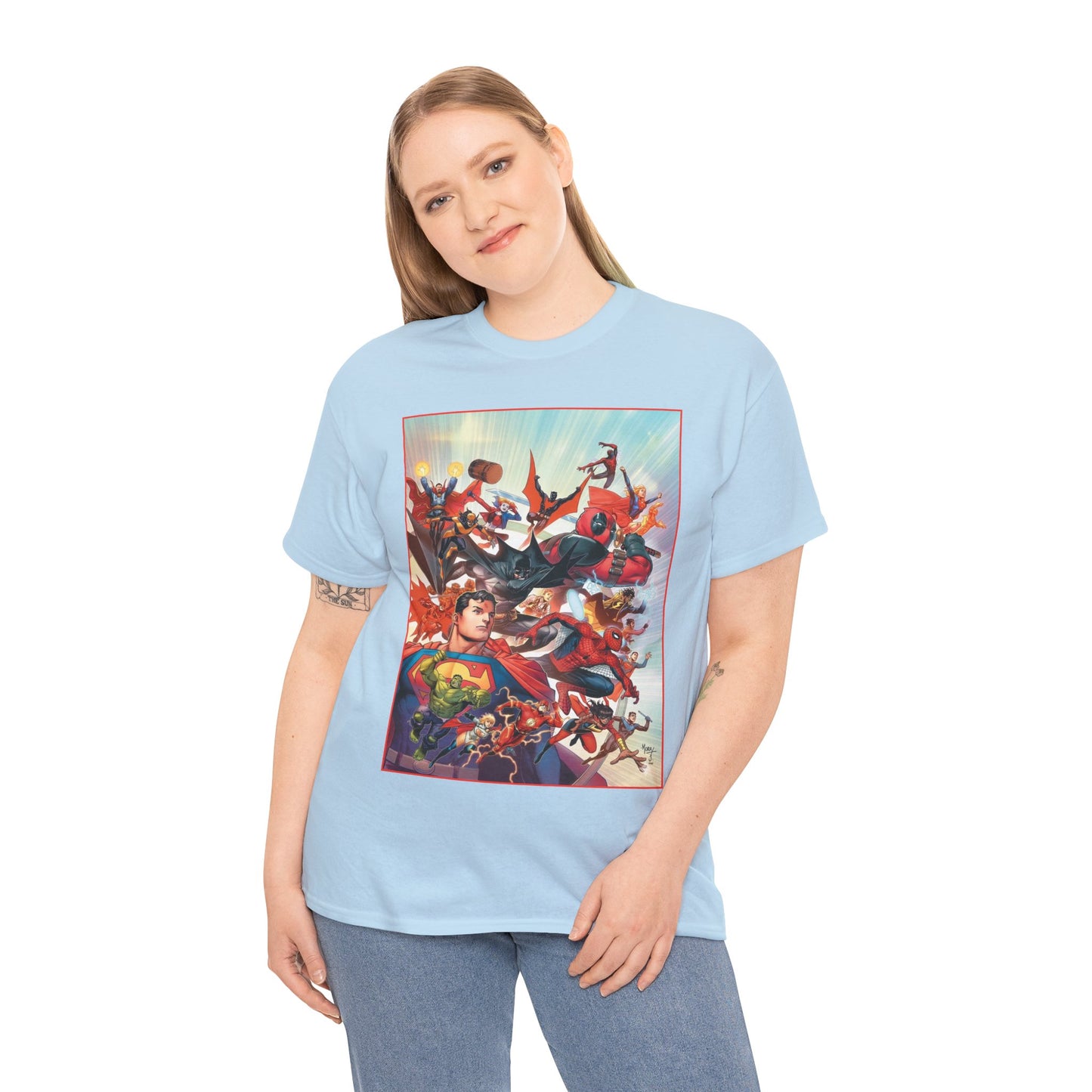 DC/Marvel T-Shirt - The Cosmic Kiss Caper & Other Stories Cover Art - Superman, Deadpool, Spider-Man, Harley Quinn, Batman Beyond, Static, Dr. Strange - DC Comics/Marvel