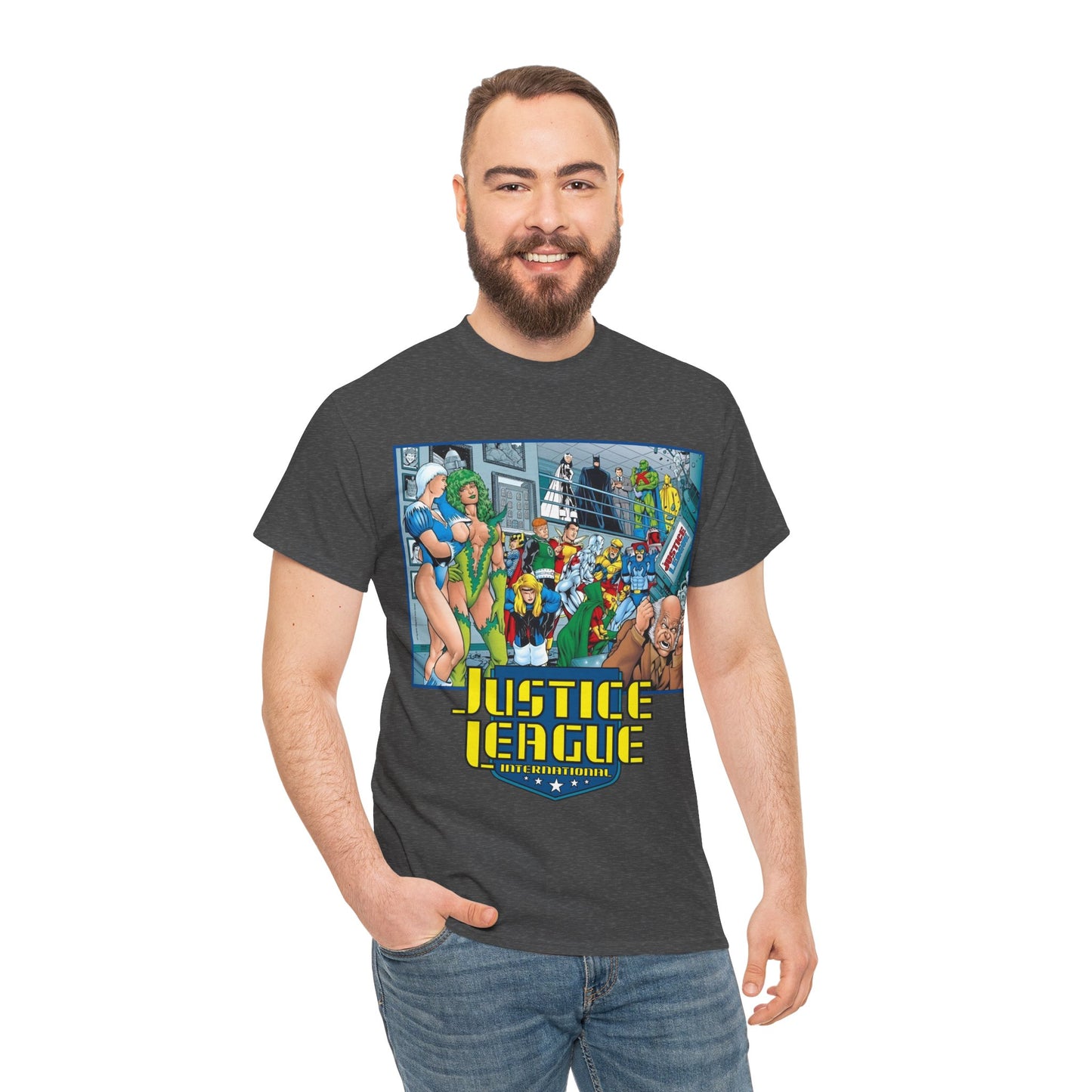 Justice League International T-Shirt - Kevin Maguire Art - Blue Beetle, Booster Gold, Martian Manhunter, Captain Atom, Batman, Fire, Ice - DC Comics - JLI