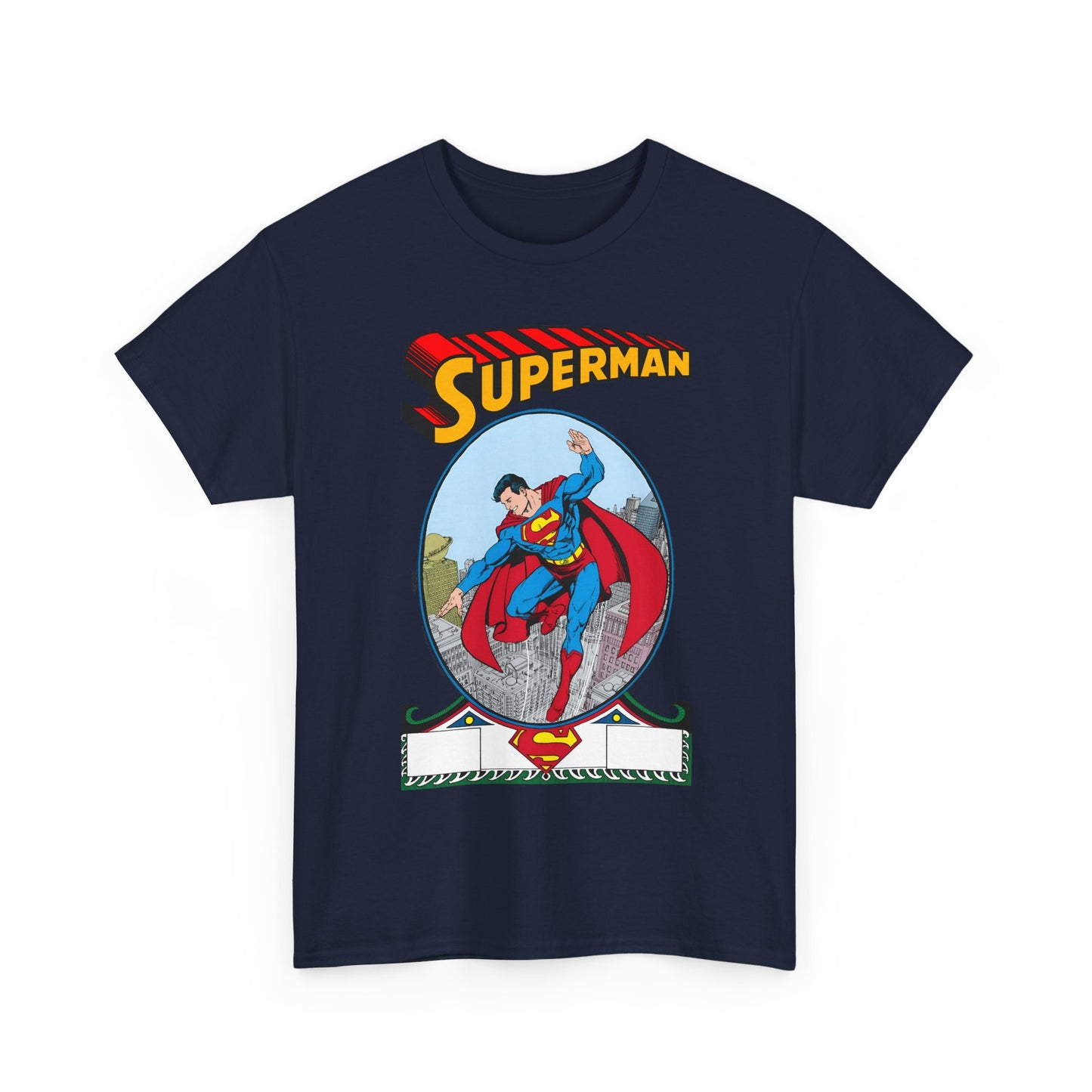 Navy blue t-shirt with Superman graphic on a white background