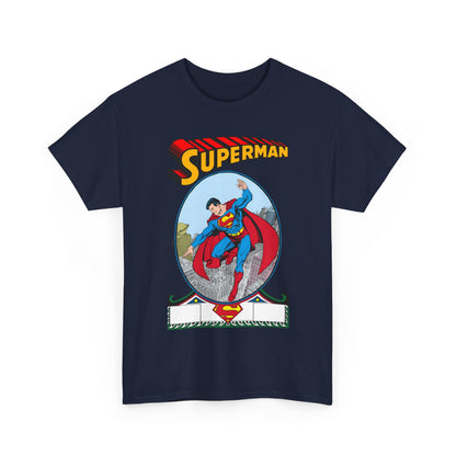 Navy blue t-shirt with Superman graphic on a white background