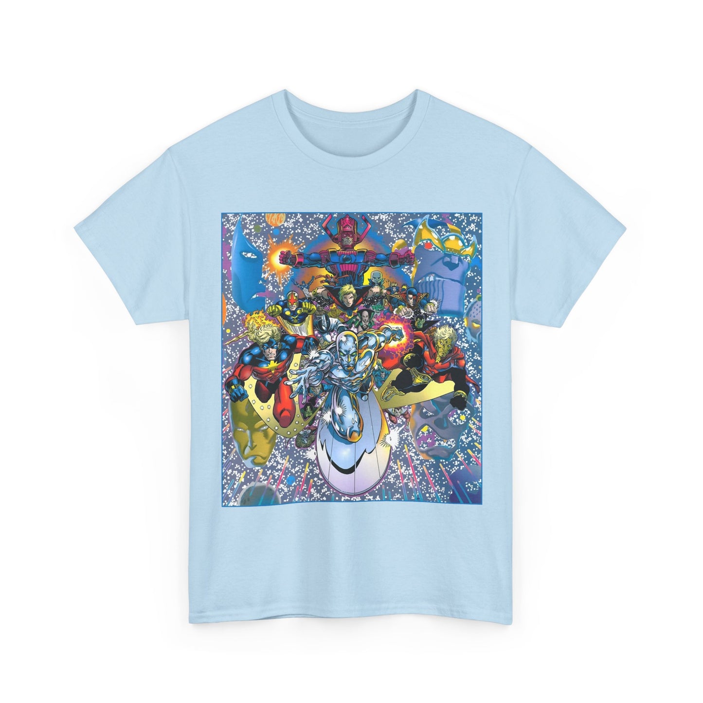 Marvel Cosmic Heroes T-Shirt - Silver Surfer, Captain Marvel, Adam Warlock, Quasar, Nova, Galactus, Jack of Hearts, Moondragon, Thanos