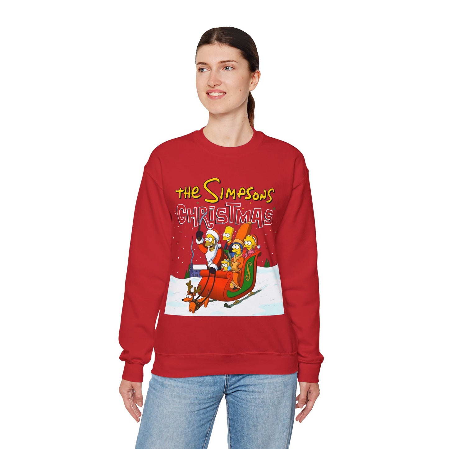 Simpsons Family Christmas Crewneck Sweatshirt - Homer, Marge, Bart, Lisa, Maggie - Riding a Christmas Sleigh Through the Winter Snow