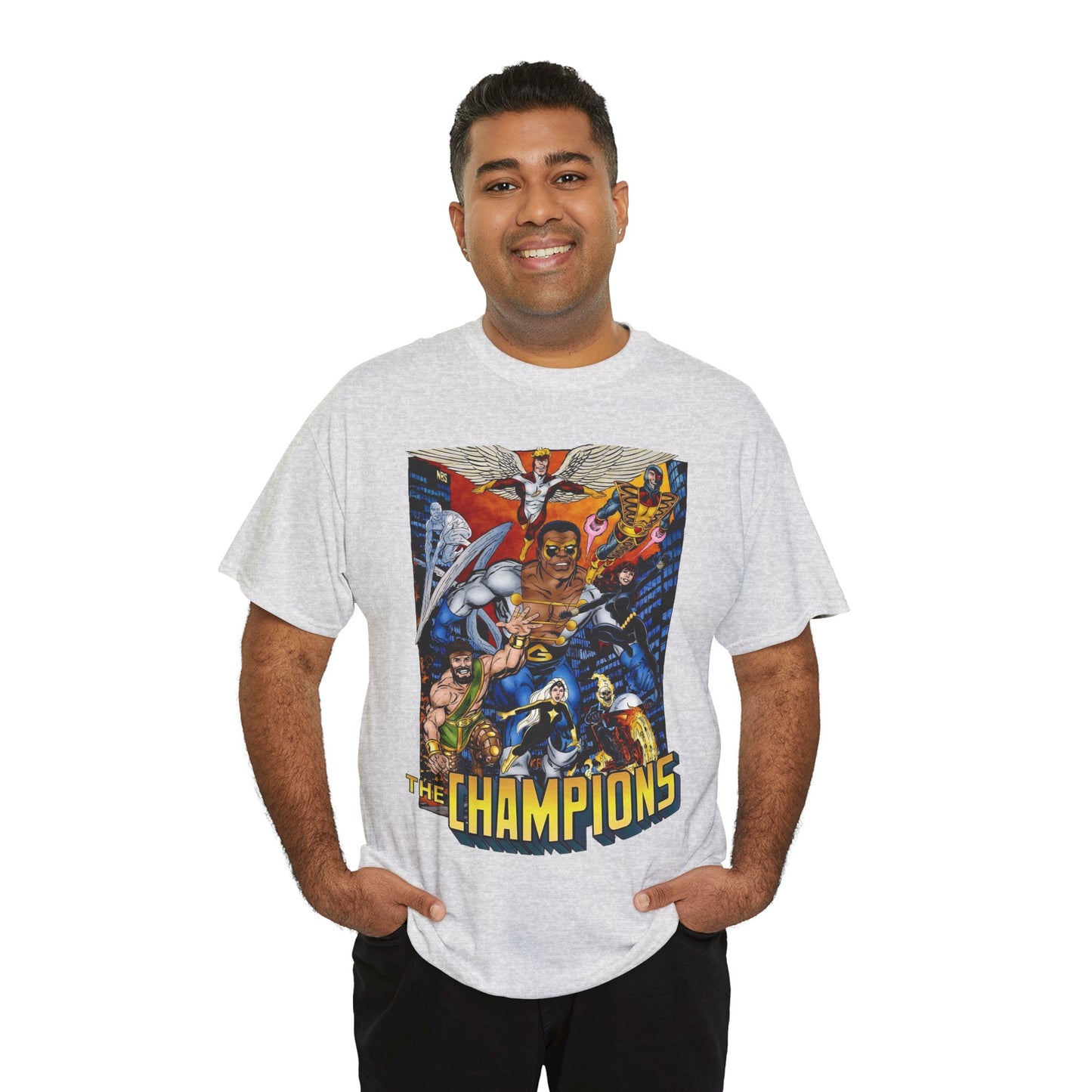 Champions T-Shirt - John Byrne Art - Hercules, Black Widow, Ghost Rider, Black Goliath, Silver Surfer, Jack of Hearts - Marvel Comics 1970s Series