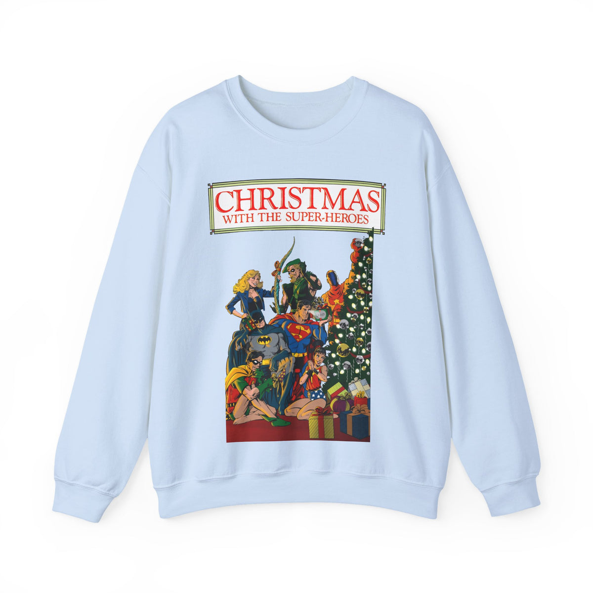 Christmas With the DC Super-Heroes Heavy Blend Crewneck Sweatshirt - Superman, Batman, Green Arrow, Black Canary - Festive Holiday Shirt