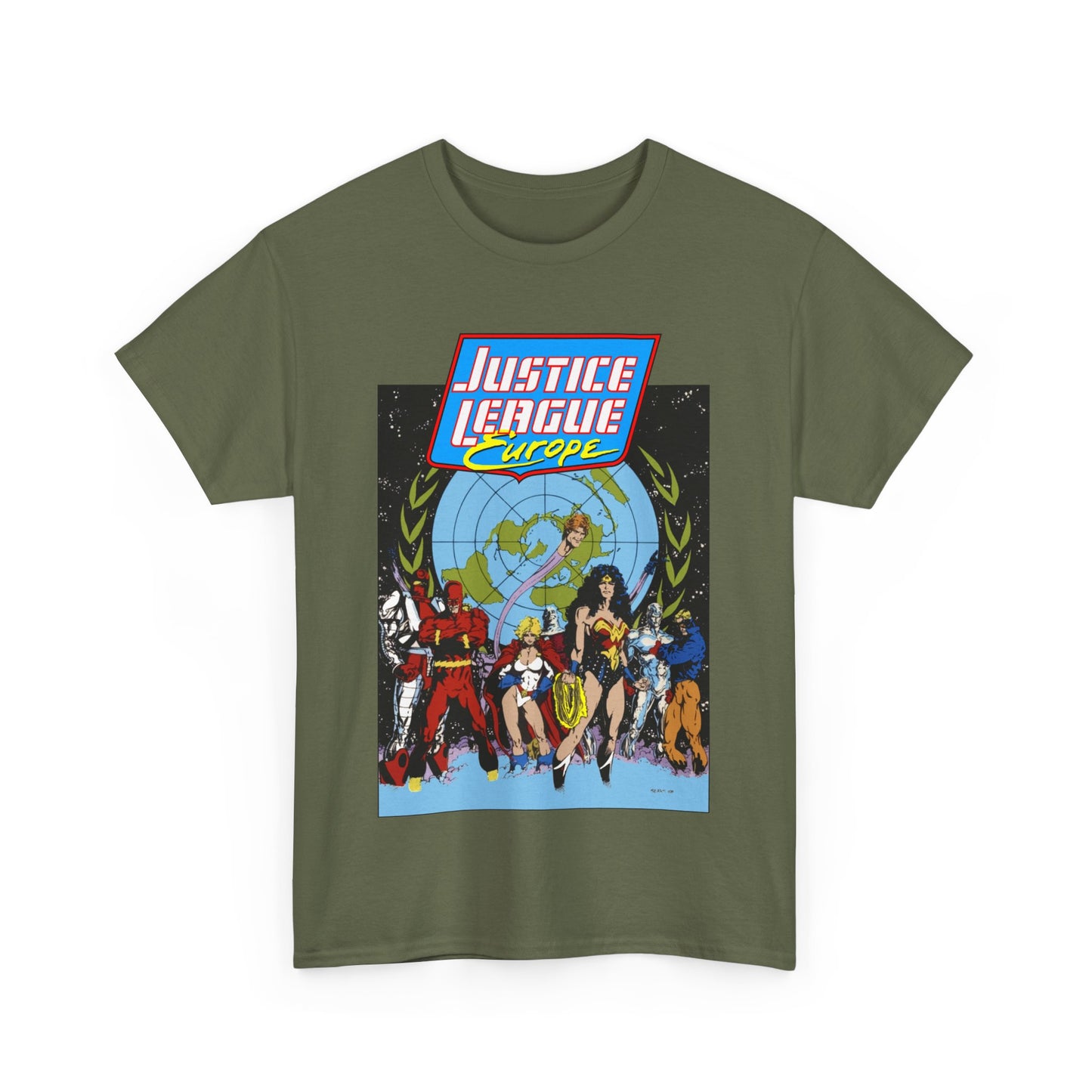 Justice League Europe T-Shirt - Bart Sears Art - Wonder Woman, Flash, Captain Atom, Animal Man, Elongated Man, Power Girl, Metamorpho - JLI Spin-Off - DC Comics