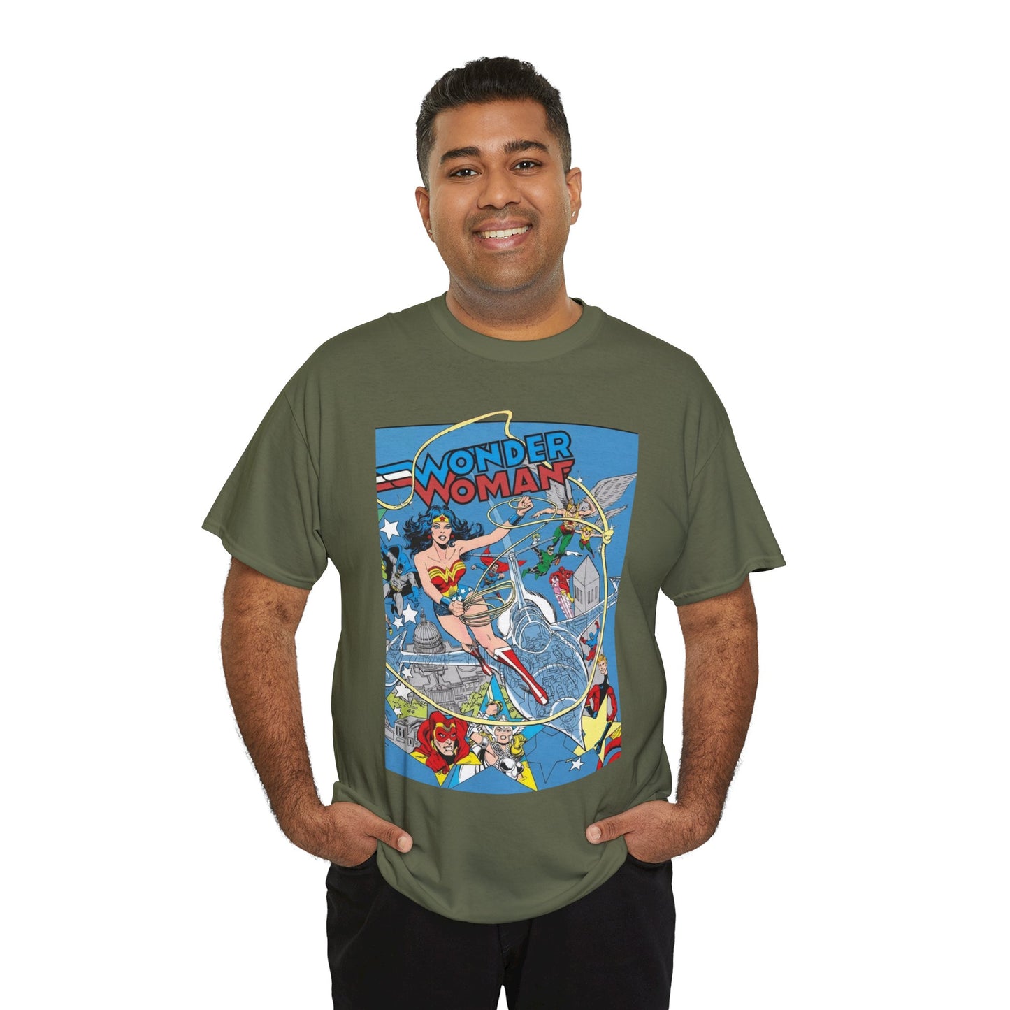 Wonder Woman T-Shirt - Ed Hannigan Art - #300 Cover Art - Hawkman, Green Lantern, Elongated Man, Sandman - DC Comics