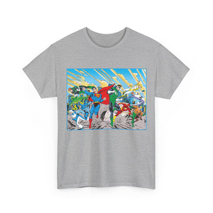 Justice League America/Europe T-Shirt - Dan Jurgens Art - Superman, Blue Beetle, Booster Gold, Green Lantern, Aquaman, Power Girl, Guy Gardner, Flash - DC Comics