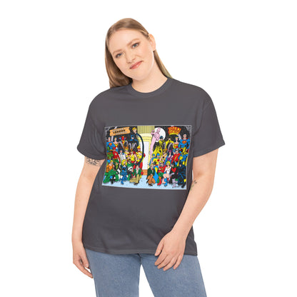 JLA & JSA T-Shirt - George Perez Art - Justice League, Society Team-up - Batman, Wildcat, Dr Fate, Hourman, Firestorm, Superman