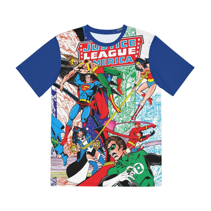 Justice League of America Wrap-Around Polyester Tee (All-Over Print) - George Perez Art - #200 Cover - Superman, Wonder Woman, Green Lantern, Zatanna - DC Comics