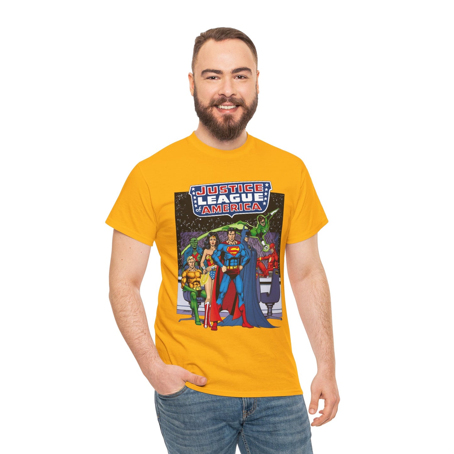 Justice League T-Shirt - George Perez Art - JLA Satellite Era - Superman, Wonder Woman, Green Lantern, Batman, Flash, Aquaman, Martian Manhunter - DC Comics