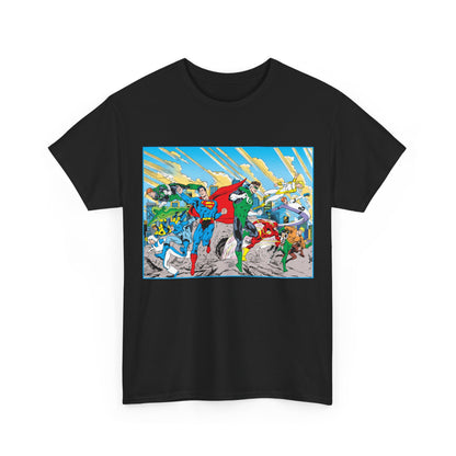 Justice League America/Europe T-Shirt - Dan Jurgens Art - Superman, Blue Beetle, Booster Gold, Green Lantern, Aquaman, Power Girl, Guy Gardner, Flash - DC Comics
