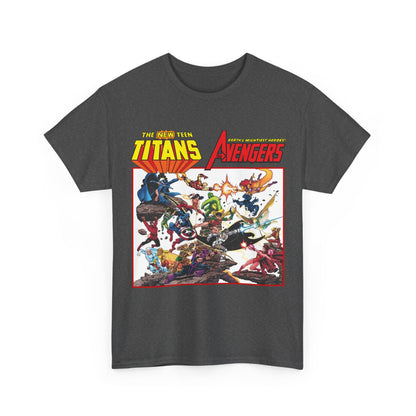 New Teen Titans Vs Avengers T-Shirt - George Perez Art - Hawkeye, Wonder Man, Raven, Starfire, Cyborg, Scarlet Witch, Wonder Girl - DC Comics & Marvel Comics