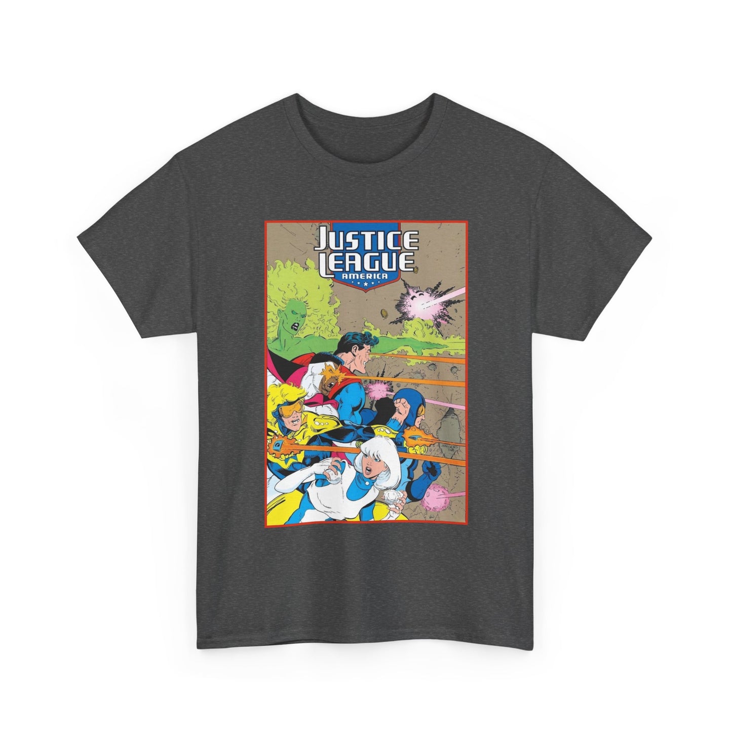 Justice League of America T-Shirt - Dan Jurgens Art - Superman, Fire, Ice, Blue Beetle, Booster Gold, Bloodwynde - DC Comics