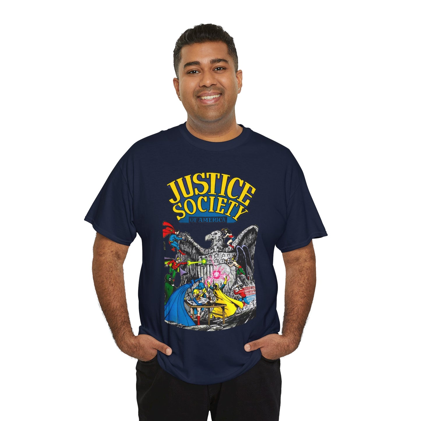 Justice Society T-Shirt - George Perez Art - Dr Fate, Atom, Spectre, Wonder Woman, Flash, Batman, Superman, Hawkman - JSA - DC Comics