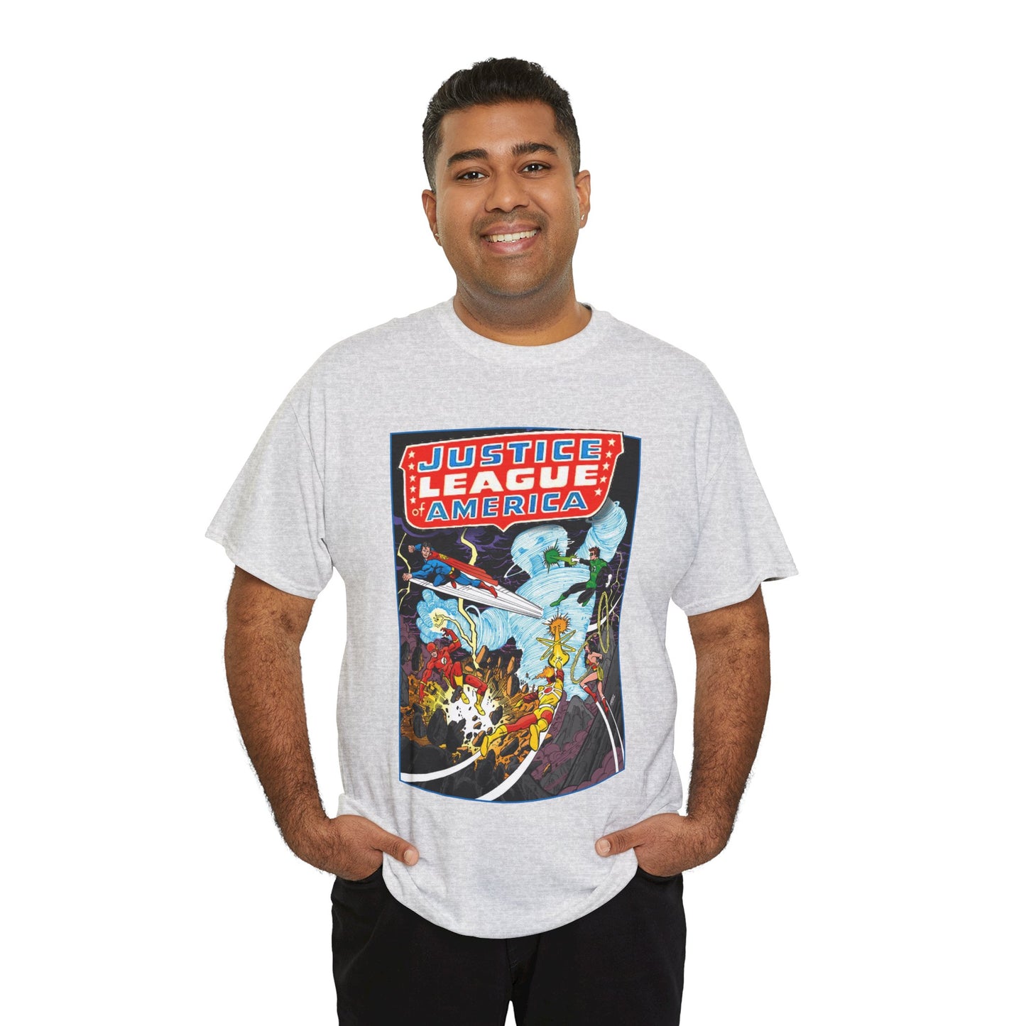 Justice League T-Shirt - George Perez Art - Tornado Tyrant - Superman, Firestorm, Flash, Wonder Woman, Green Lantern - DC Comics